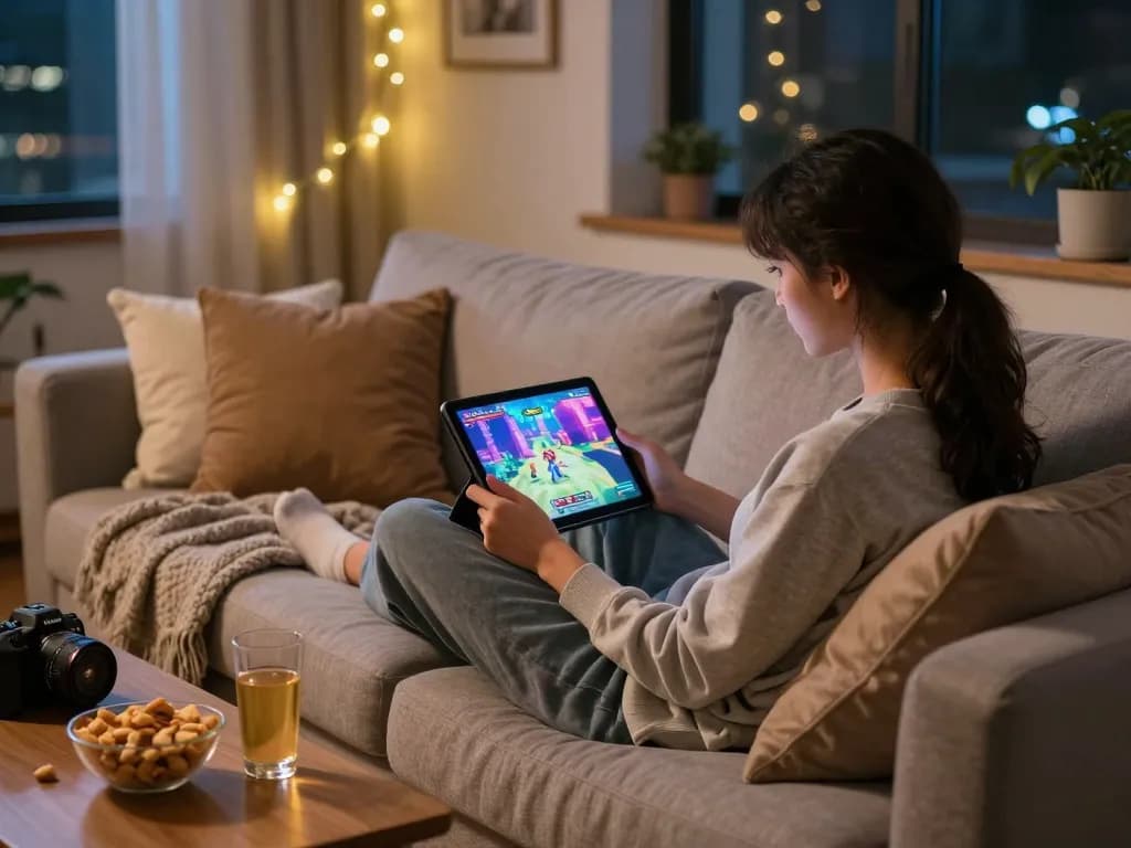 Engaging scene of a person playing porn games in a cozy living room setting.