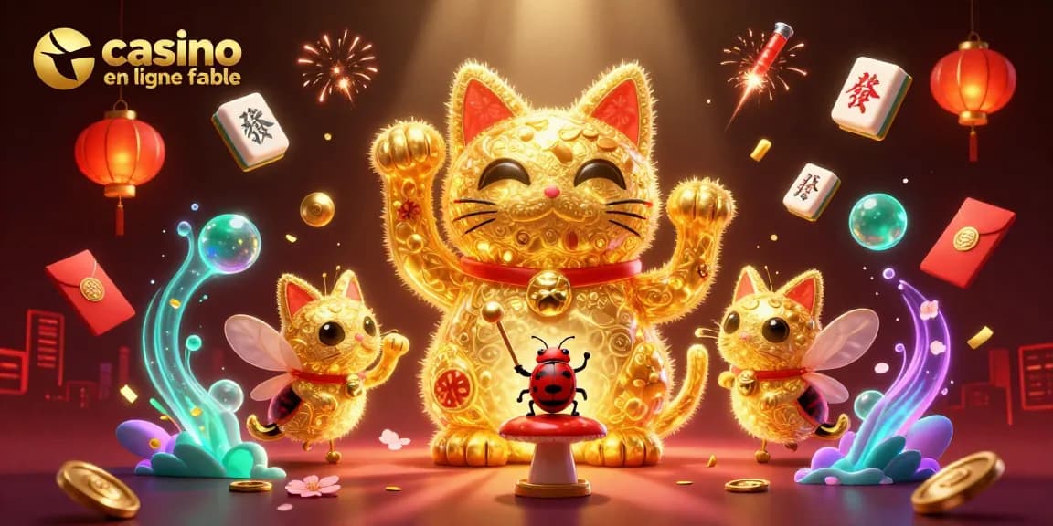 Une illustration 3D captivante d'un chat porte-bonheur formé par des lucioles dorées dans un casino en ligne fiable.