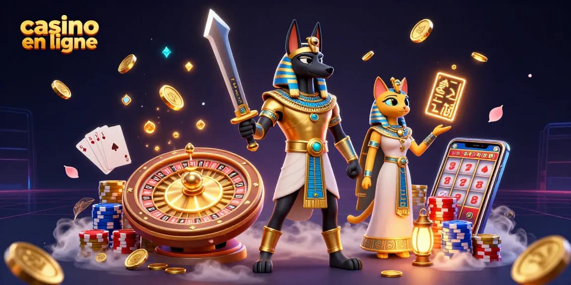 Visitez le casino en ligne et gagnez avec l'illustration d'Anubis et Bastet, entourés de jeux.