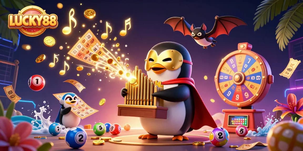 LUCKY88 captivates players with vibrant lottery-themed excitement, featuring a cartoon penguin and a bat acrobat.