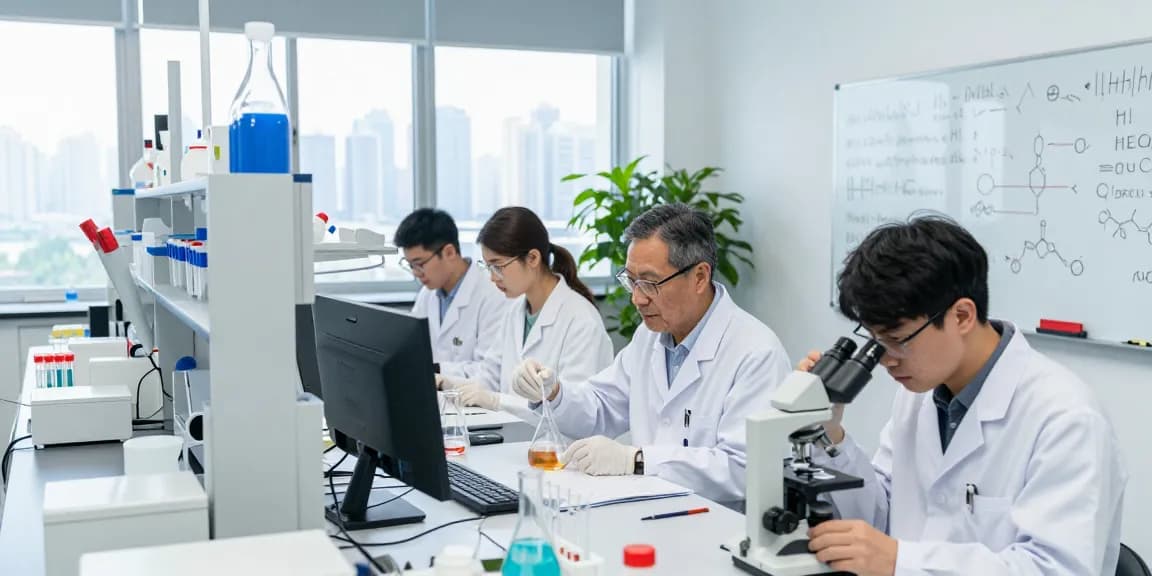 Copper peptide research in a lab with scientists collaborating on experiments and analyzing results.