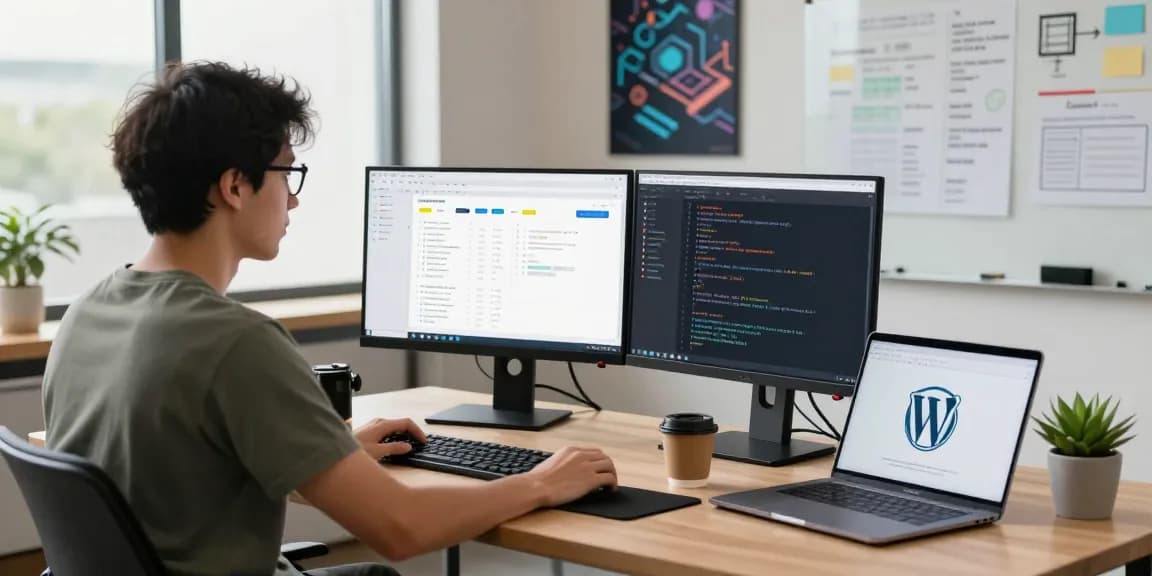 Web developer engaged in WordPress SEO automation surrounded by code and analytics in a modern workspace.