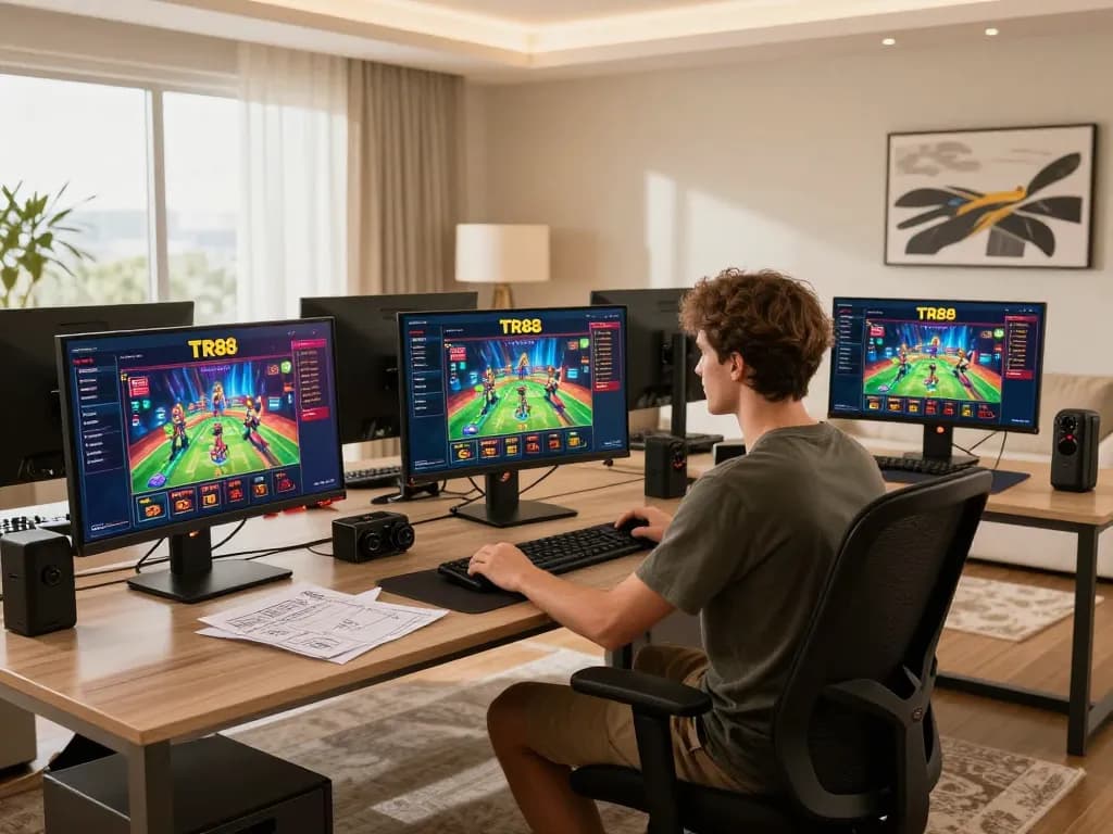 Engaged player using TR88 online casino app on multiple screens for strategic gaming.