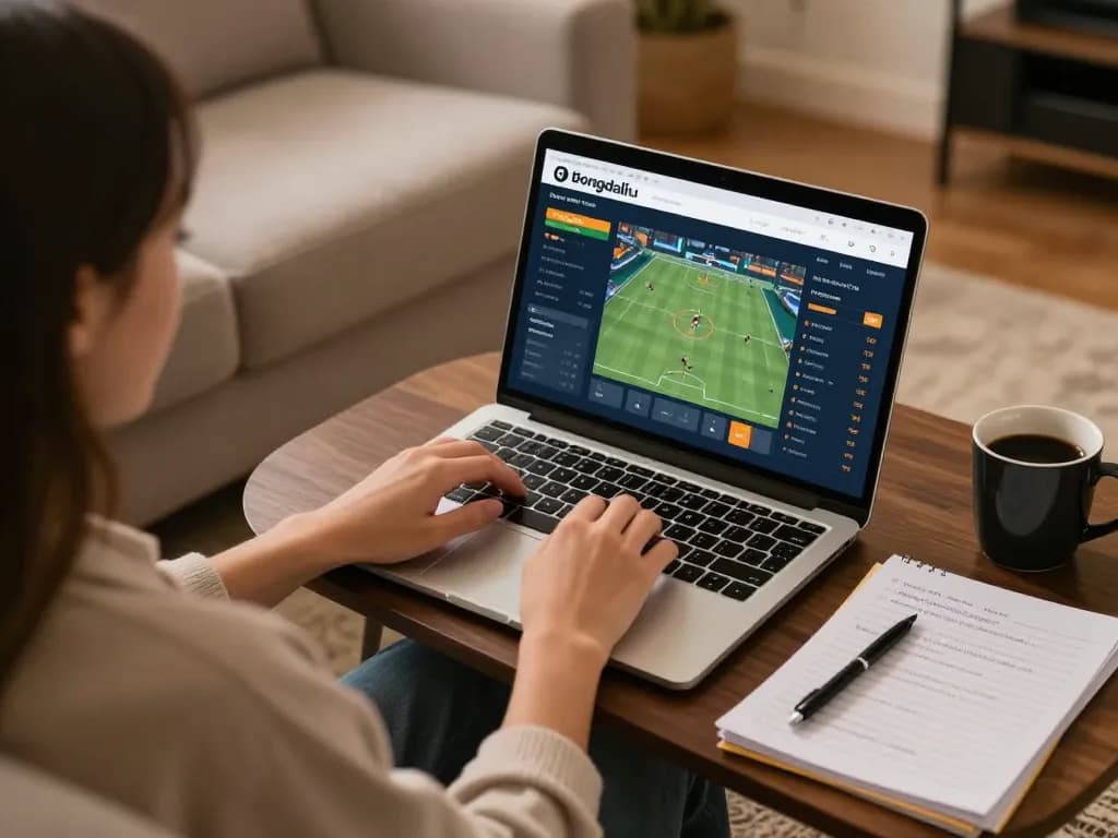 Bongdallu user engaged in online sports betting at home with live odds displayed on laptop.