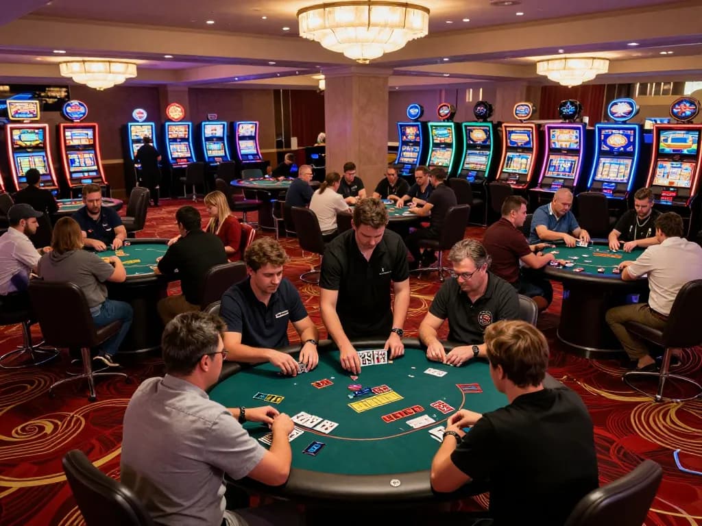 Sunwin gaming action with players engrossed at a poker table in a lively casino setting.