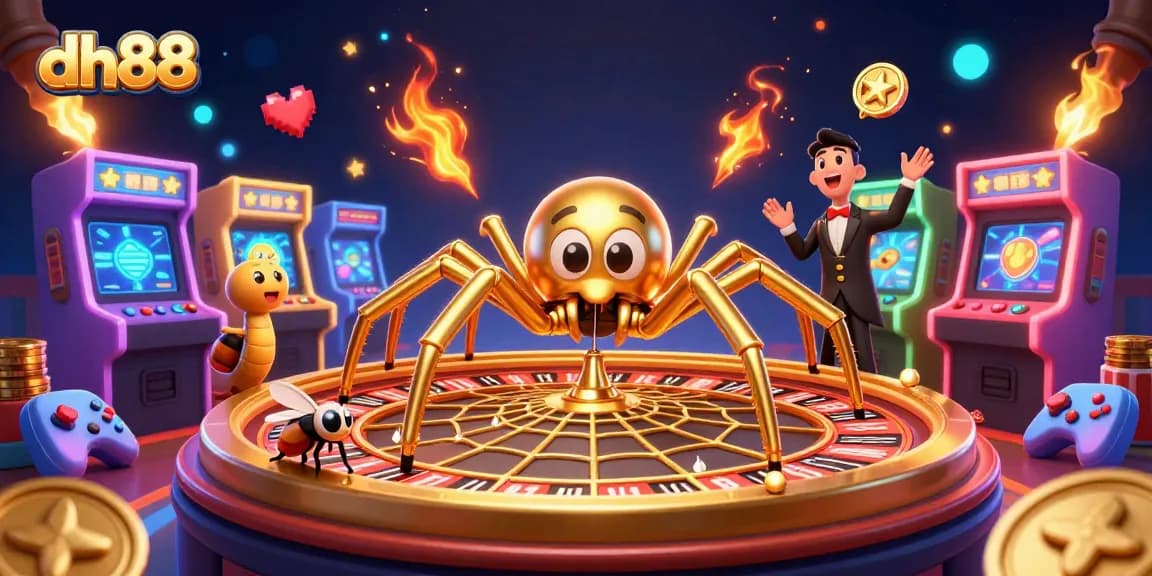 Engage with dh88's unique casino experience featuring a golden spider web roulette and colorful gaming elements.
