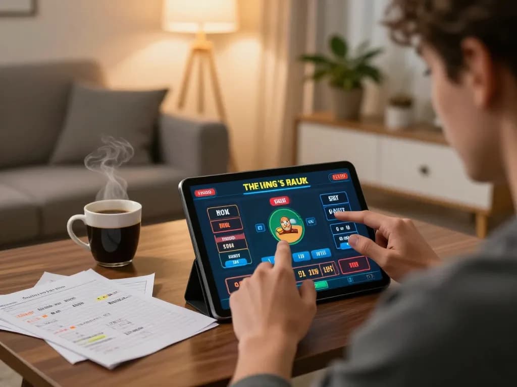 Engaged player strategizing for the best widget store while using an online gambling platform on a tablet.