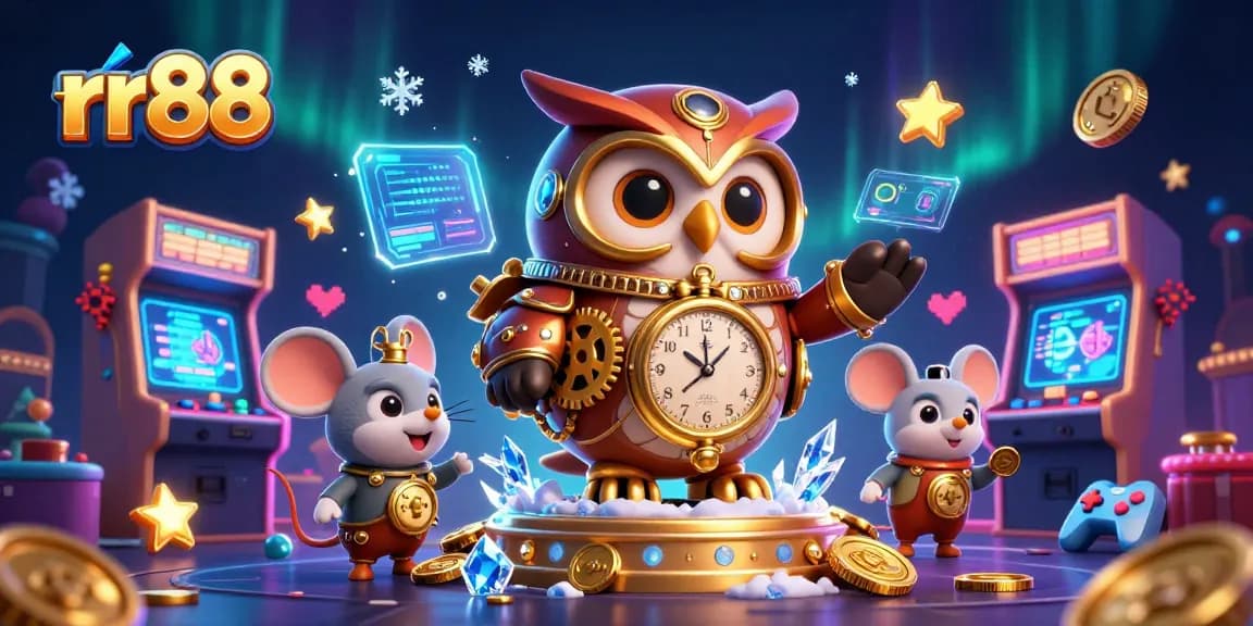 Experience the thrilling rr88 casino adventure with a whimsical time-traveling owl in a vibrant, imaginative setting.