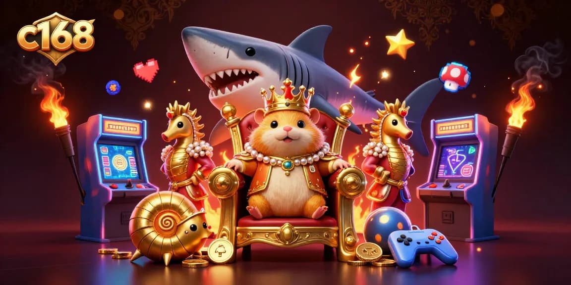 Engage with c168's thrilling gaming experience featuring a golden hamster king, arcade machines, and vibrant casino elements.