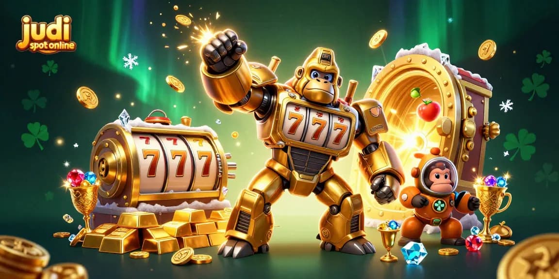 Menangkan judi slot online dengan gorilla emas dan elemen menyenangkan dalam ilustrasi 3D penuh warna.