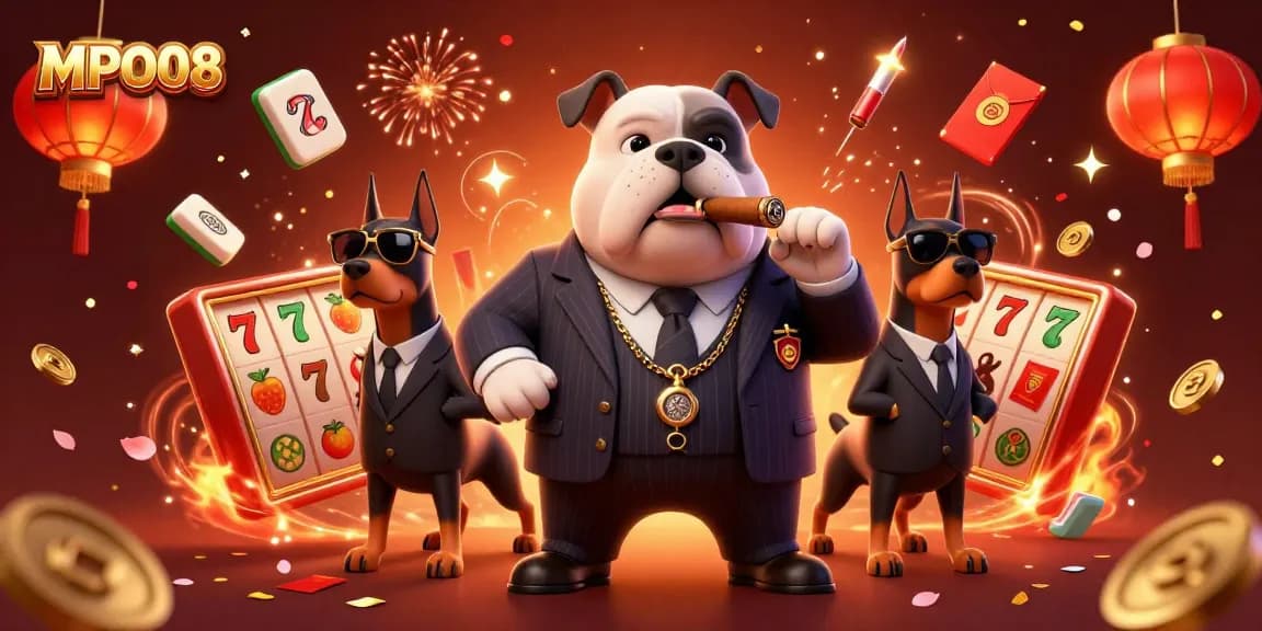 MPO08 showcases a vibrant scene of a mafia boss bulldog and Dobermans amid spinning slot reels and festive elements.