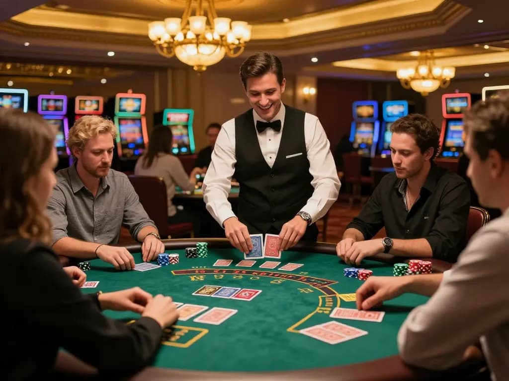Players engaging in an exciting blackjack game at fc88 casino, highlighting dynamic gameplay and vibrant atmosphere.
