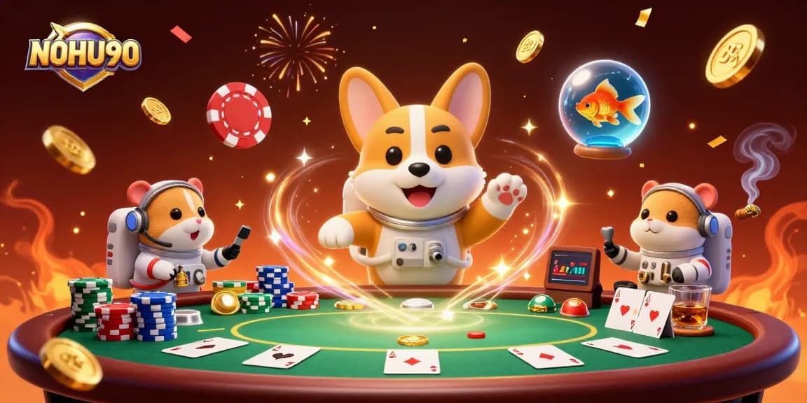 Experience NOHU90 in an exciting space casino scene with a floating corgi and dramatic poker elements.