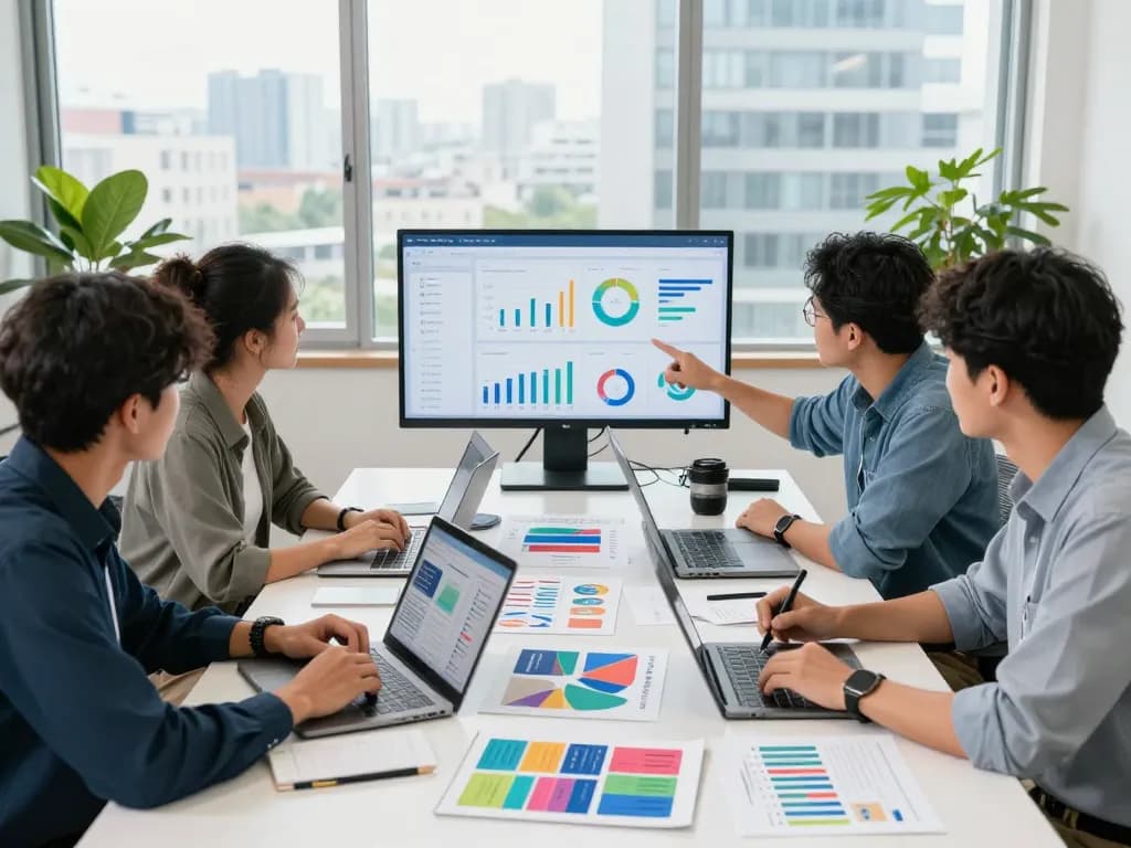Expert team analyzing meta whitelisted ad accounts rent strategies in a bright marketing office.