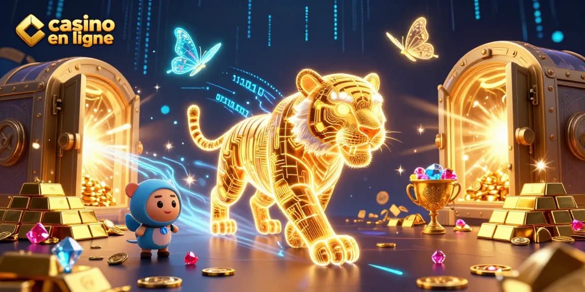 Casino en ligne : tigre en néon éclairant un paysage de jeu dynamique rempli de trésors.