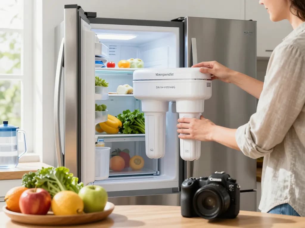 Installing the Waterspecialist DA29-00003G Refrigerator Water Filter in a modern kitchen.