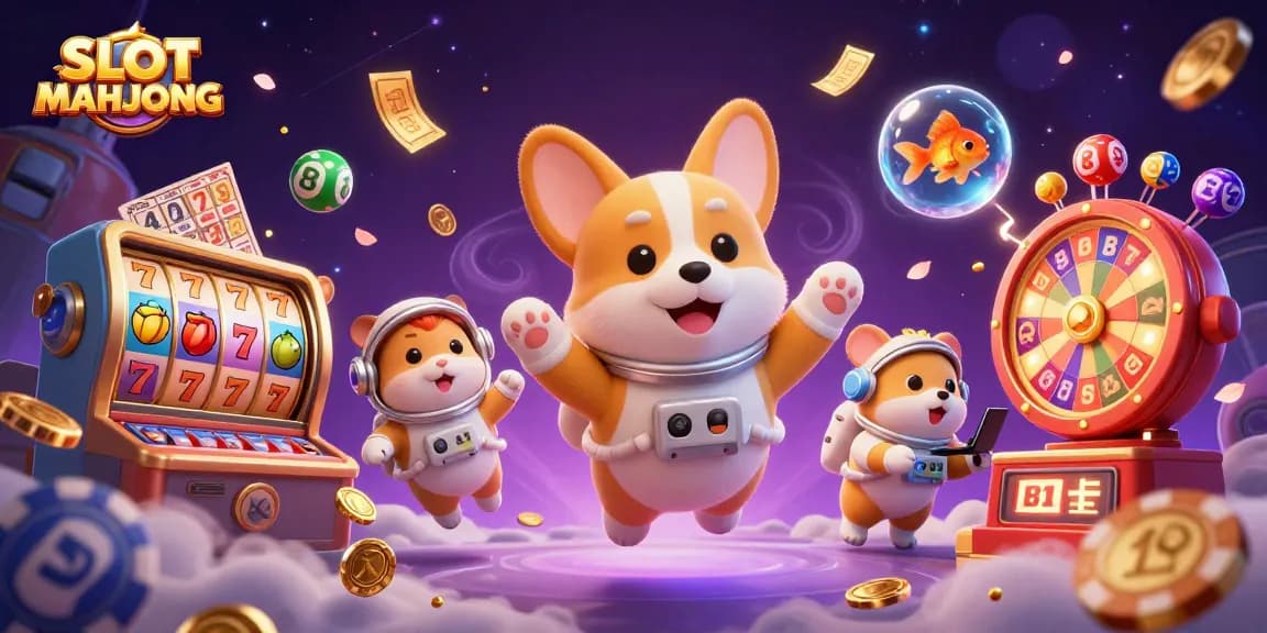 SLOT MAHJONG experience with a cute astronaut corgi in a vibrant casino scene, surrounded by exciting game elements.
