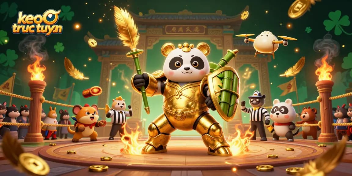 Experience thrilling action with keo truc tuyen in this vibrant 3D illustration, featuring a golden panda mech and festive atmosphere.