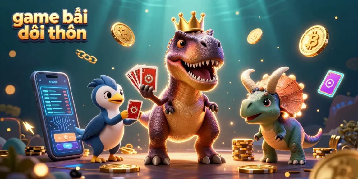 Engaging scene featuring game bài đổi thưởng showcasing friendly dinosaurs in a casino, surrounded by crypto elements.