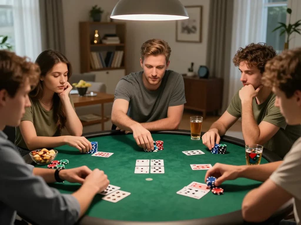 Friends engaging in an exciting white label casino poker game at home with chips and cards, fostering social interaction.