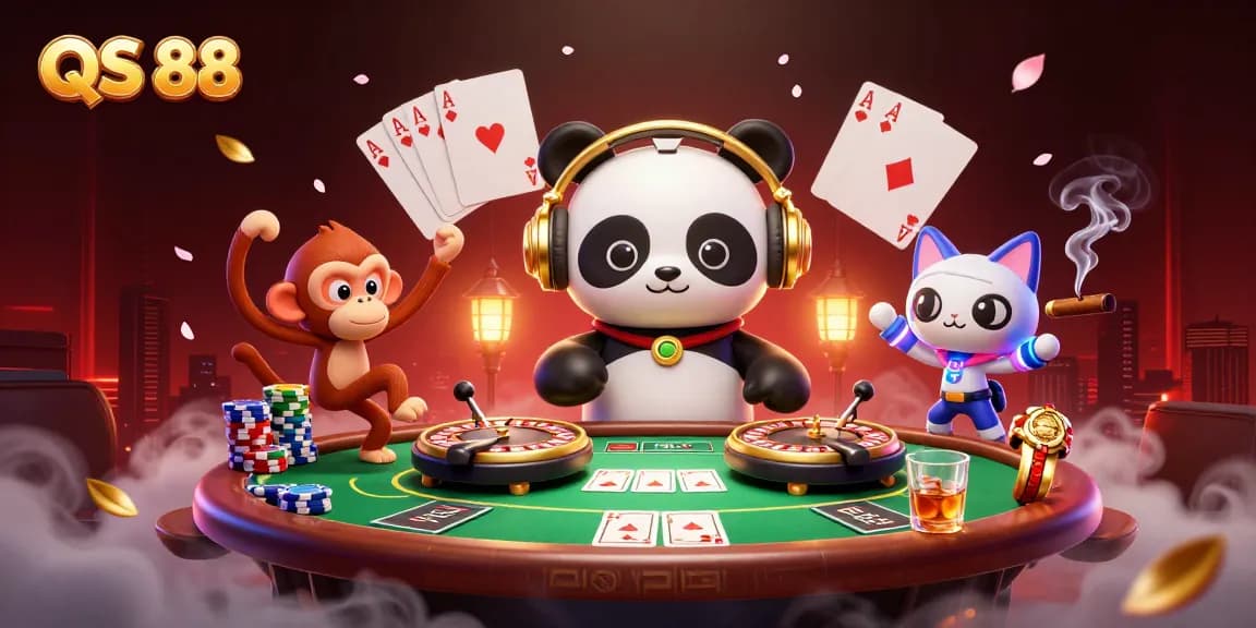 Experience the vibrant gaming world of QS 88 with colorful characters, poker elements, and dynamic casino atmosphere.