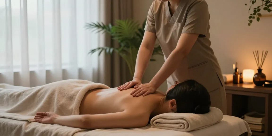 마사지 중인 모습, 편안한 분위기와 아로마 테라피의 조화