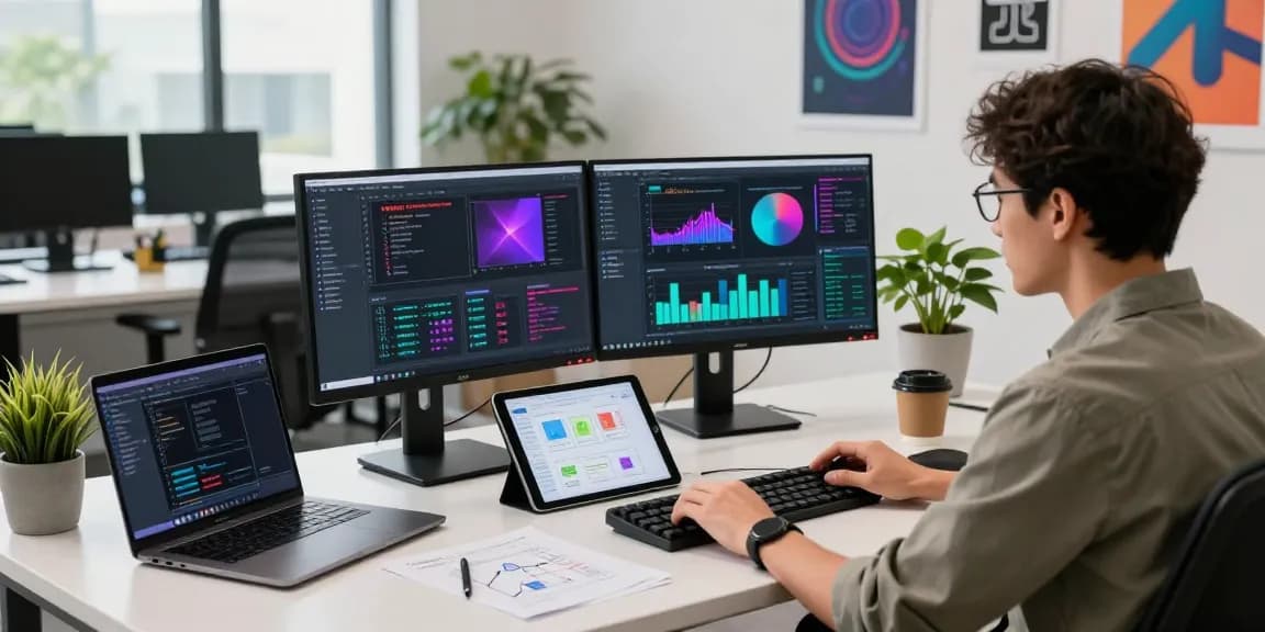 Software engineer coding NAGA2000 on dual monitors in a modern office
