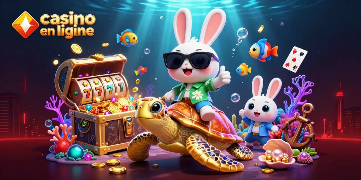 Illustration colorée de casino en ligne avec un lapin chanceux et une tortue se déplaçant dans un monde sous-marin.