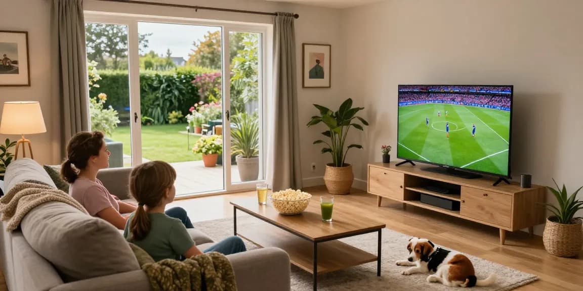 Family enjoying IPTV Ireland entertainment in a cozy living room.
