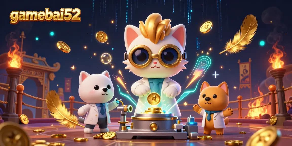 Experience thrilling moments with gamebai52 as a mad scientist cat ignites excitement in a vibrant casino scene.