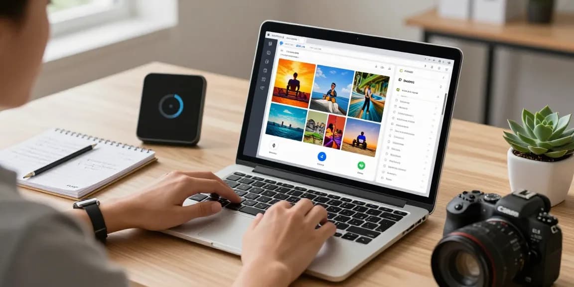 User uploading an image for analysis using an advanced ai detector tool in a modern workspace.