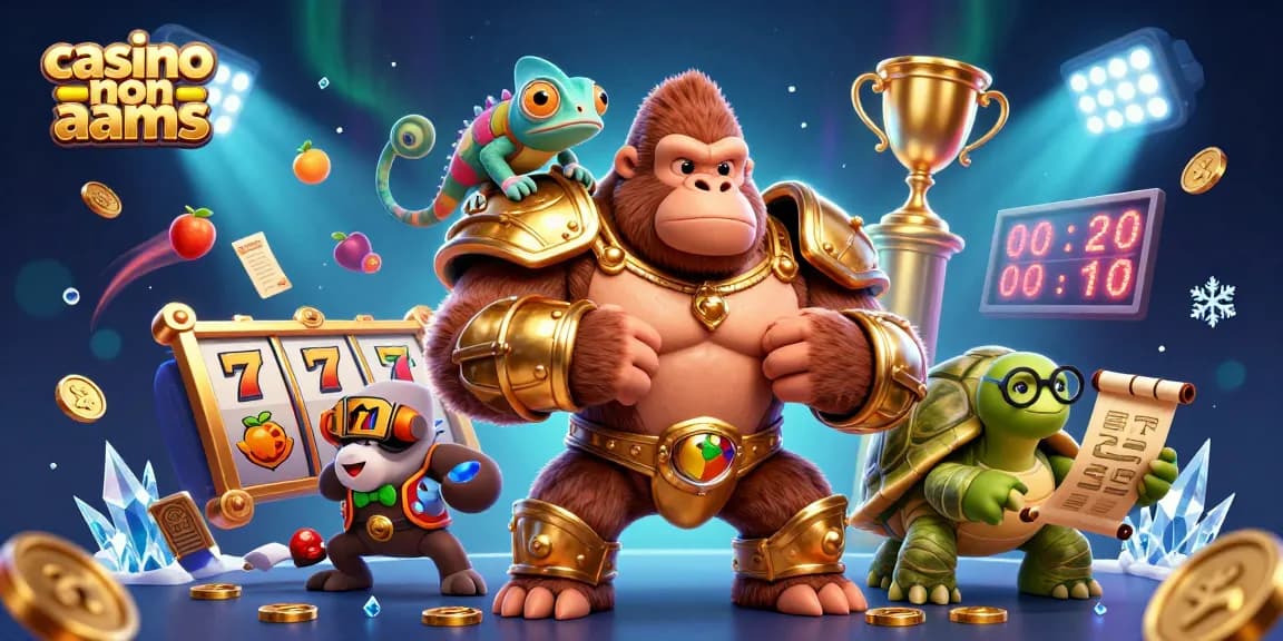 Visualizza un potente gorilla in armatura dorata con un camaleonte e una tartaruga che parlano di casino non AAMS.