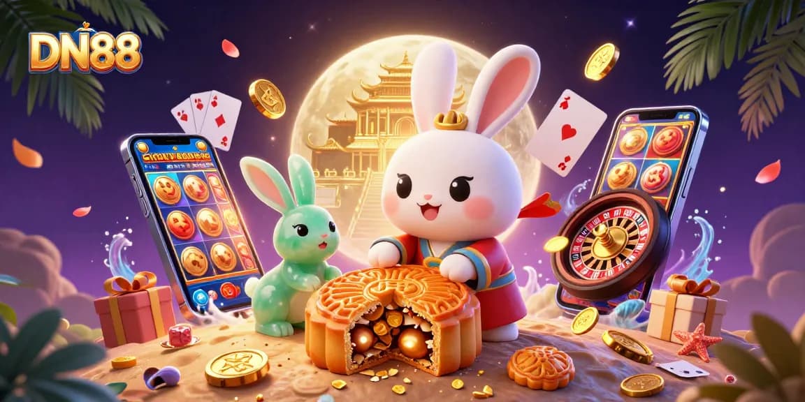 Experience thrilling gaming with DN88’s moon rabbit and vibrant casino elements.