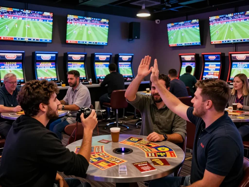 Sports betting excitement with pajaktoto lively discussions and animated patrons in a modern lounge.