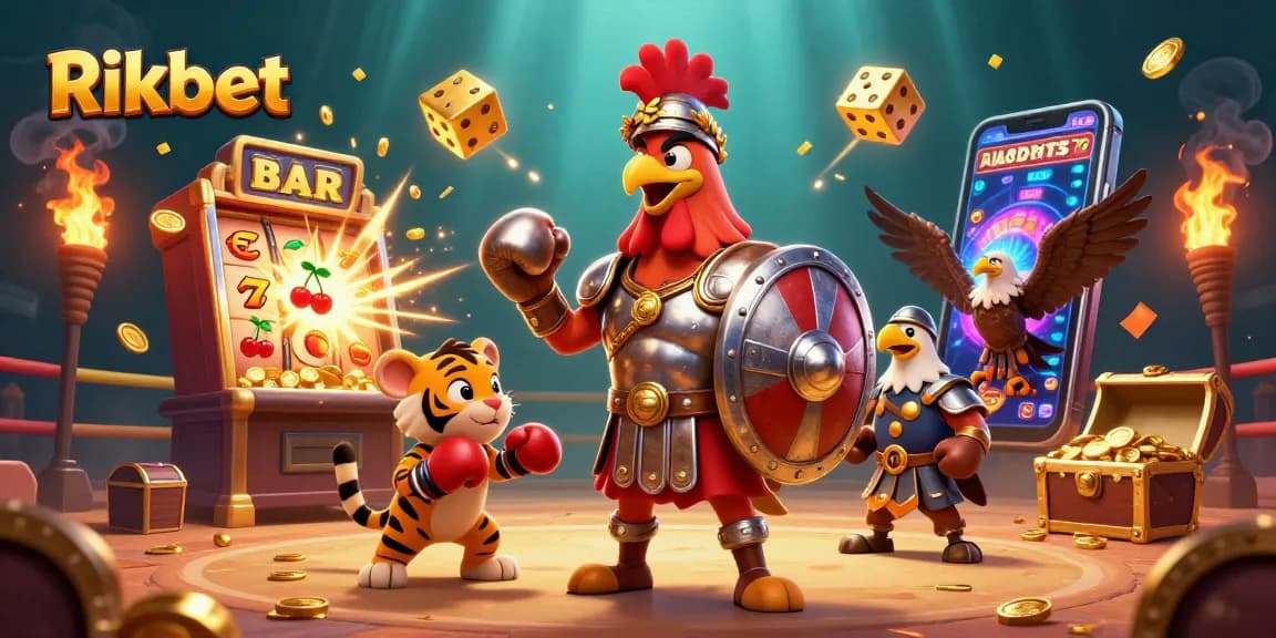 Rikbet's captivating illustration showcasing a gladiator rooster amidst dynamic casino themes.