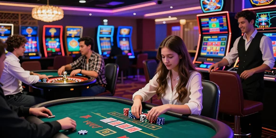 Online casino excitement at https://chps.org.uk/ with players at poker and blackjack tables, vibrant neon ambiance.