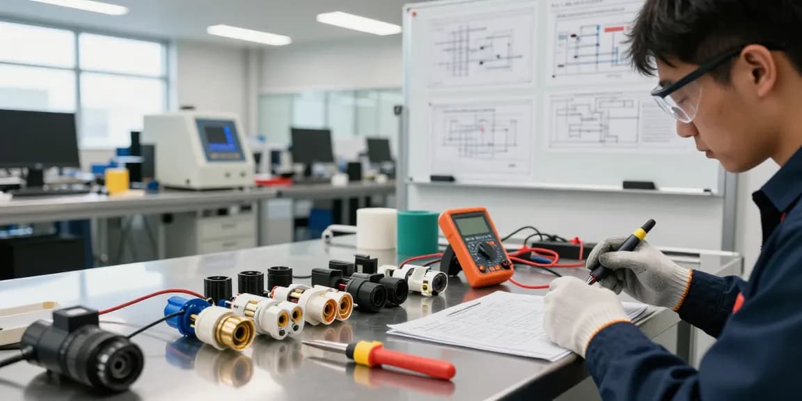Assembling IEC connectors with tools in a modern workspace.