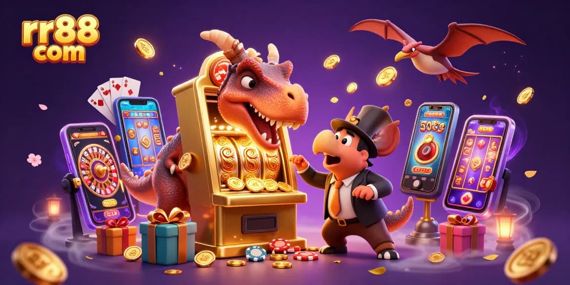 Engage with rr88 com as a dinosaur character interacts with a jackpot slot machine amid flying coins and casino elements