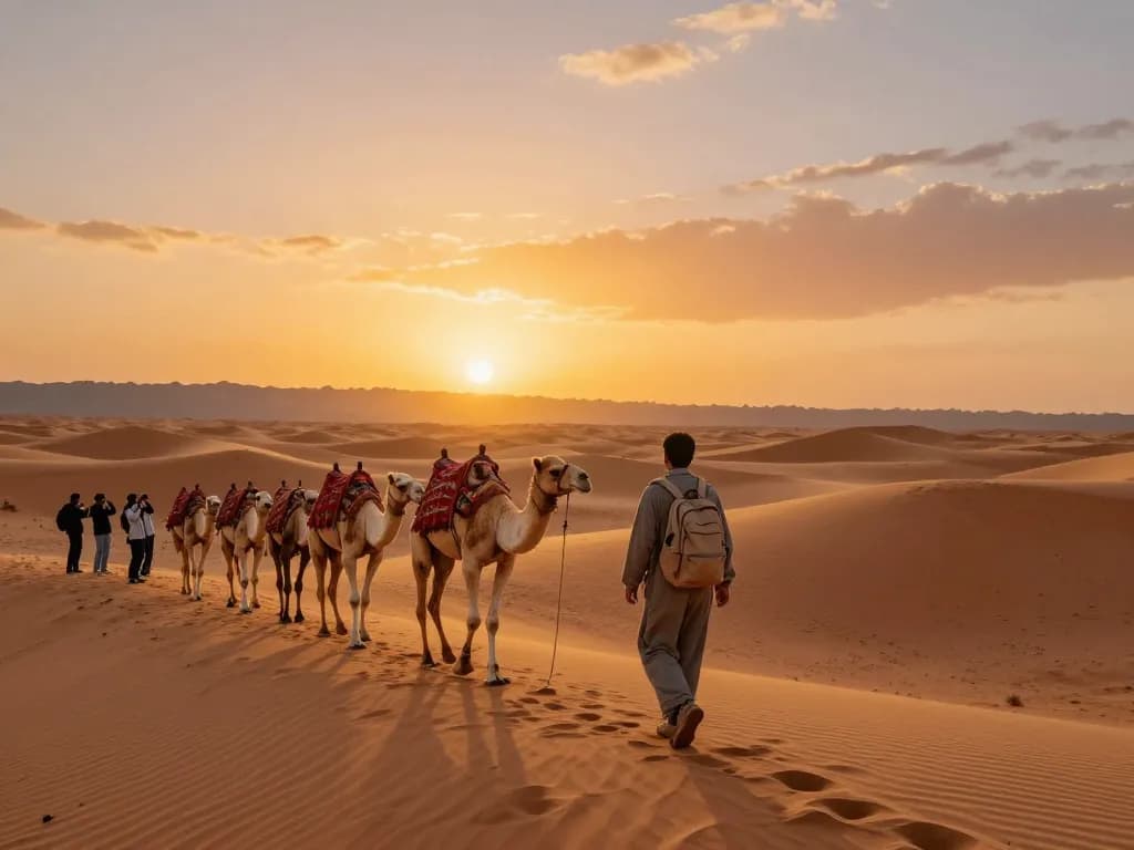 Traveler enjoying a Sahara Desert adventure with a leading Morocco tour company, surrounded by camels and sunset.