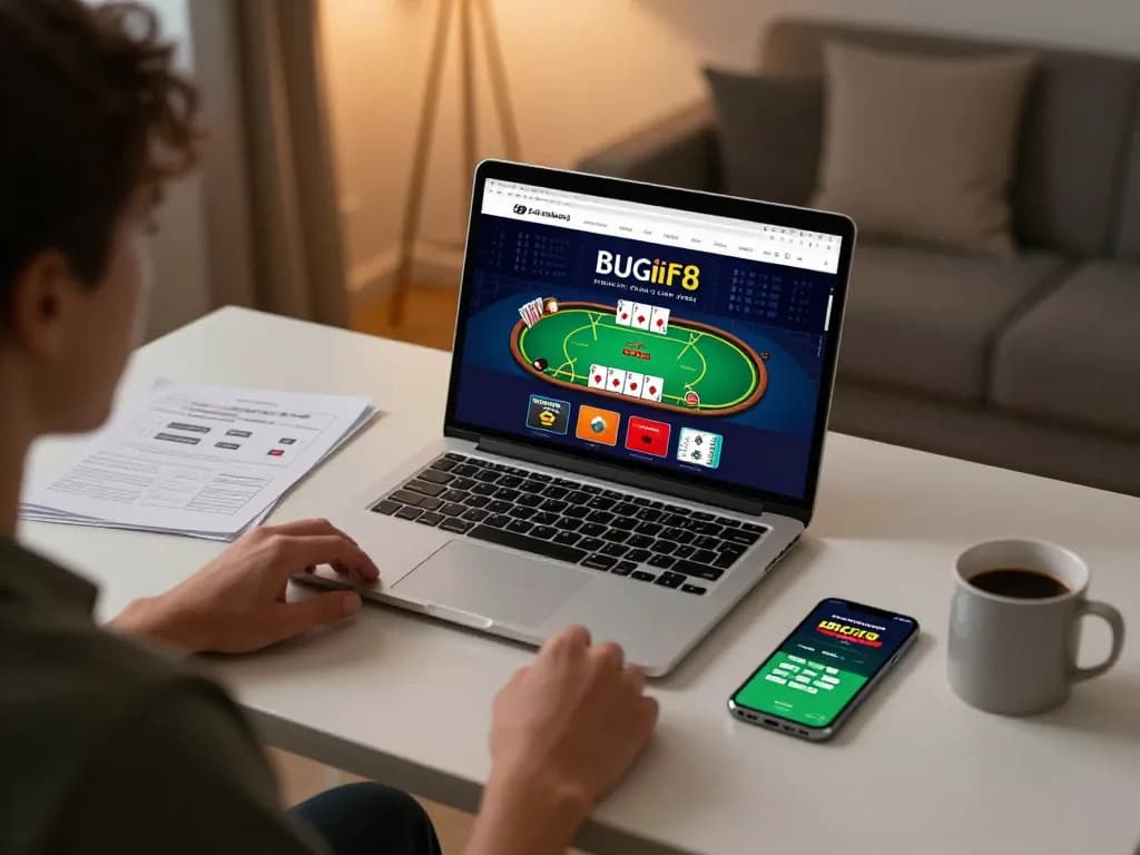 Engaging in online gambling with bugatti8 on a laptop at a modern home office.