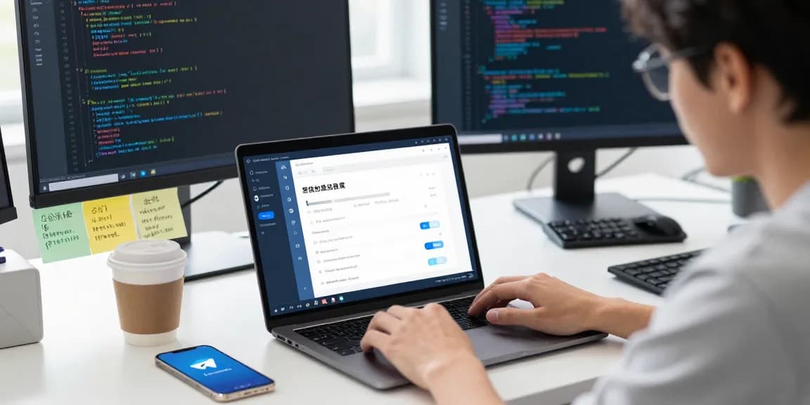 Adjusting telegram chinese settings on a laptop in a tech workspace.