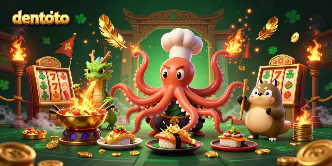 Experience thrilling gameplay with dentoto at this vibrant online casino scene featuring a dynamic octopus chef and dragon.