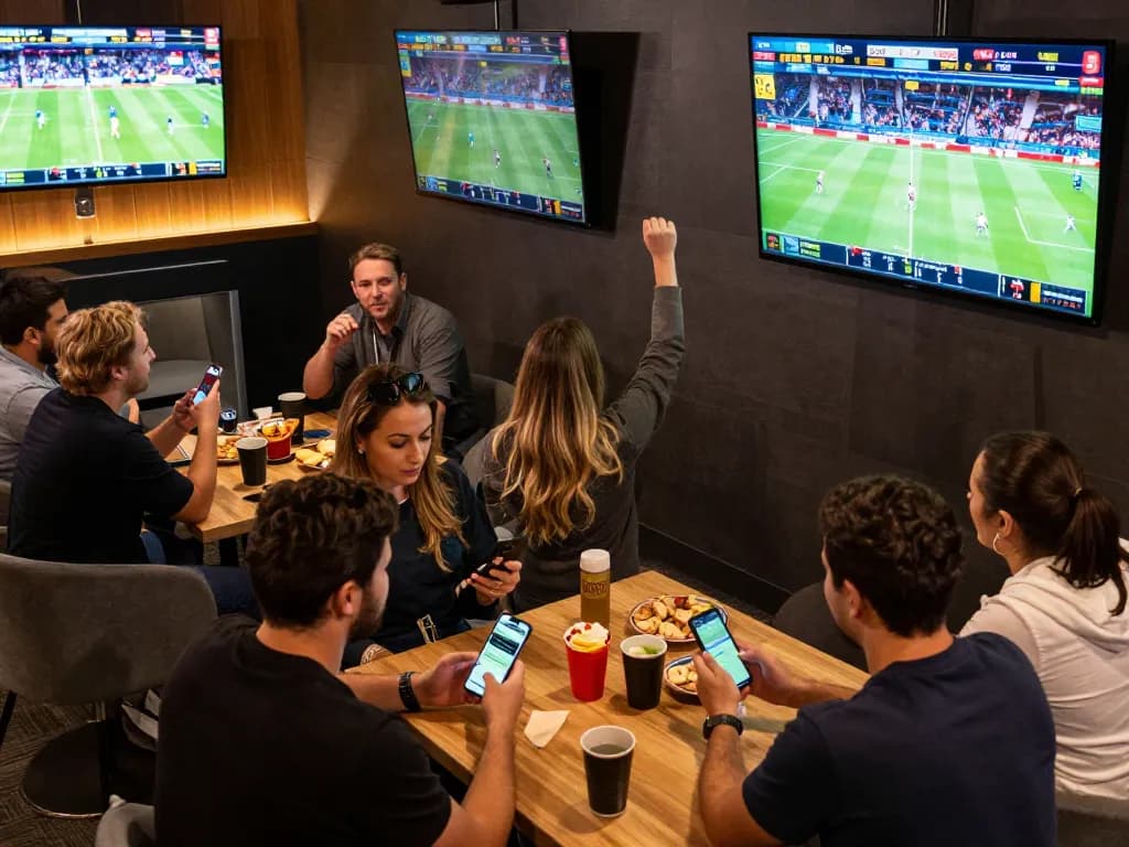 alo8 players enjoying live sports betting at trendy lounge with screens showcasing events