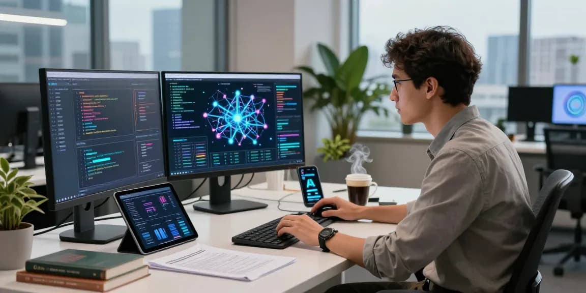 Data scientist analyzing AI algorithms in a modern workspace, showcasing how does AI work.