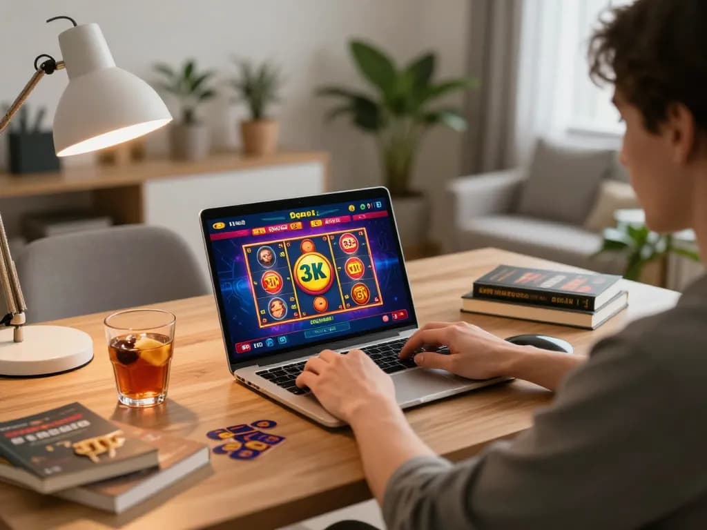 Engaging in slot depo 3k gaming on a laptop in a cozy home office setup.