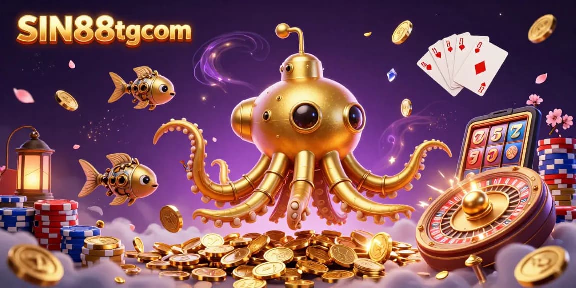 SIN88tgcom's vibrant 3D gaming scene features a golden kraken surfacing through coins, showcasing slots and roulette.