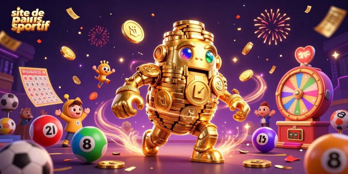Visualisez le site de paris sportif avec un golem doré, ballons de loterie, et une ambiance festive.
