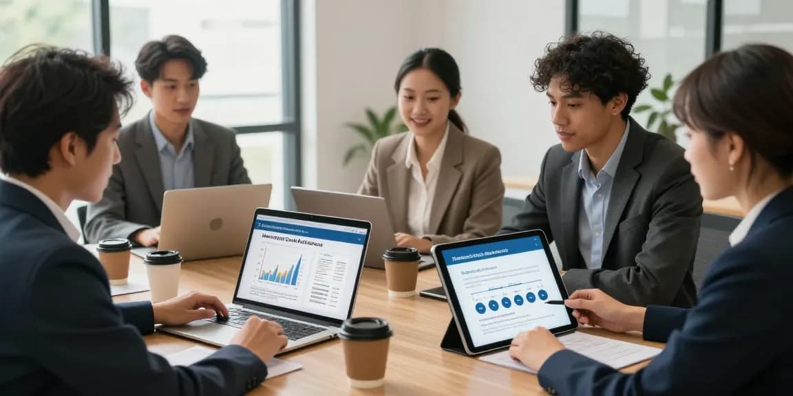 Apply for merchant cash advance with a group of small business owners collaborating and using technology in a modern office.