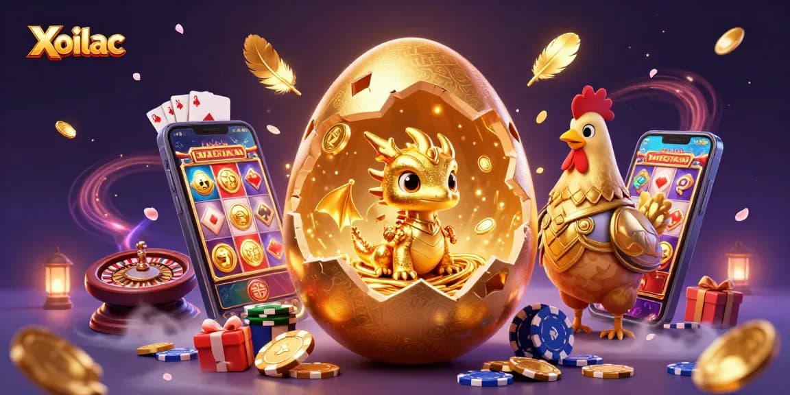 Xoilac transforms with a golden baby dragon amidst poker chips and vibrant gaming elements.
