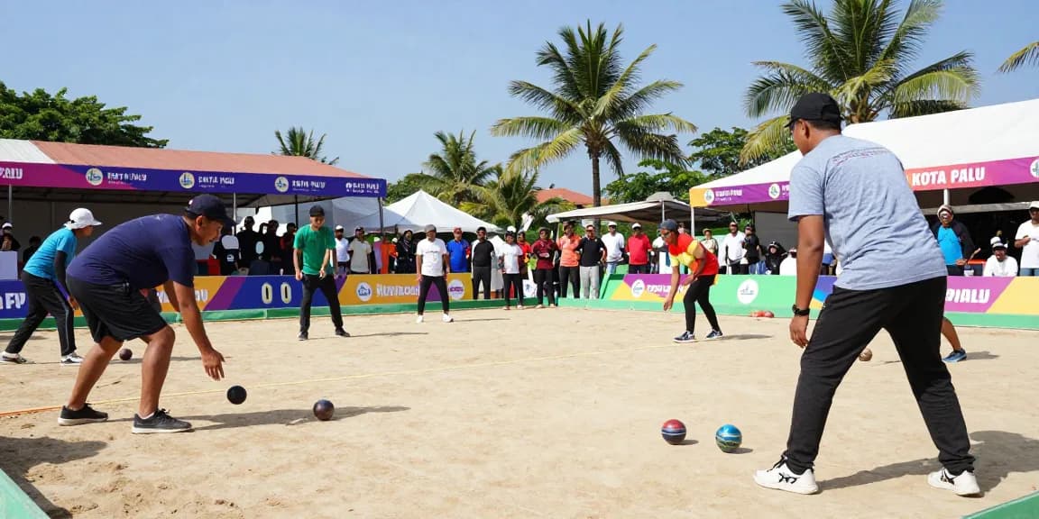 Kejuaraan petanque oleh fopikotapalu.org dengan atlet berfokus melempar boules di lapangan berpasir yang cerah.